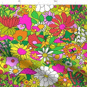 Retro Groovy Fabric - 60&#39;S Groovy Garden In Lime Green By Yesterdaycollection - Vintage Floral Cotton Fabric By The Yard With Spoonflower