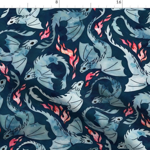 Blue Flying Dragons Fire Fabric - Dragon Fire Dark Blue By Adenaj - Watercolor Flying Dragons Cotton Fabric By The Yard With Spoonflower