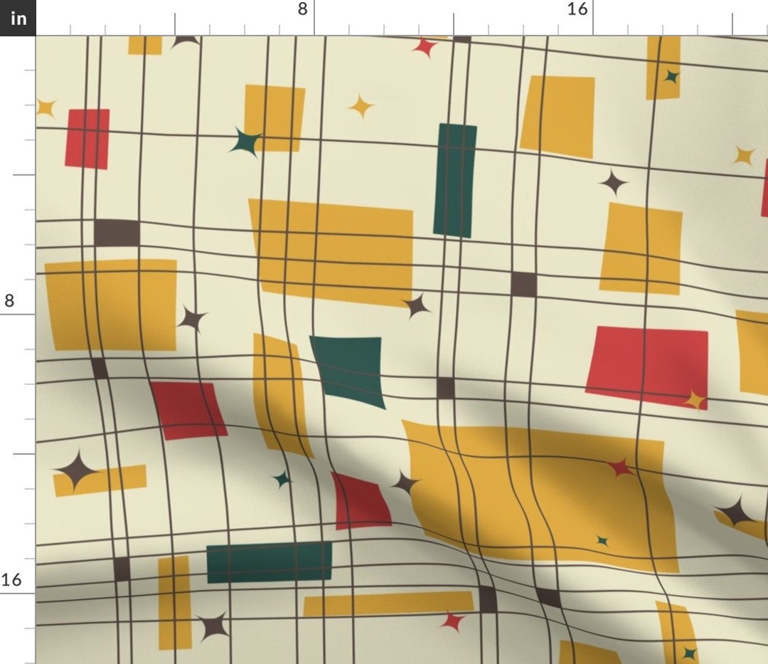 Yellow Abstract Fabric Midcentury Modern Grid Stars by Etsy