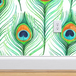Peacock Wallpaper Emerald Watercolor Peacock Feathers on | Etsy