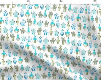 Könnte beinhalten: Ein weißer Stoff mit einem sich wiederholenden Muster aus blauen, grünen und grauen Robotern. Die Roboter sind alle in verschiedenen Formen und Größen, und einige haben Antennen.