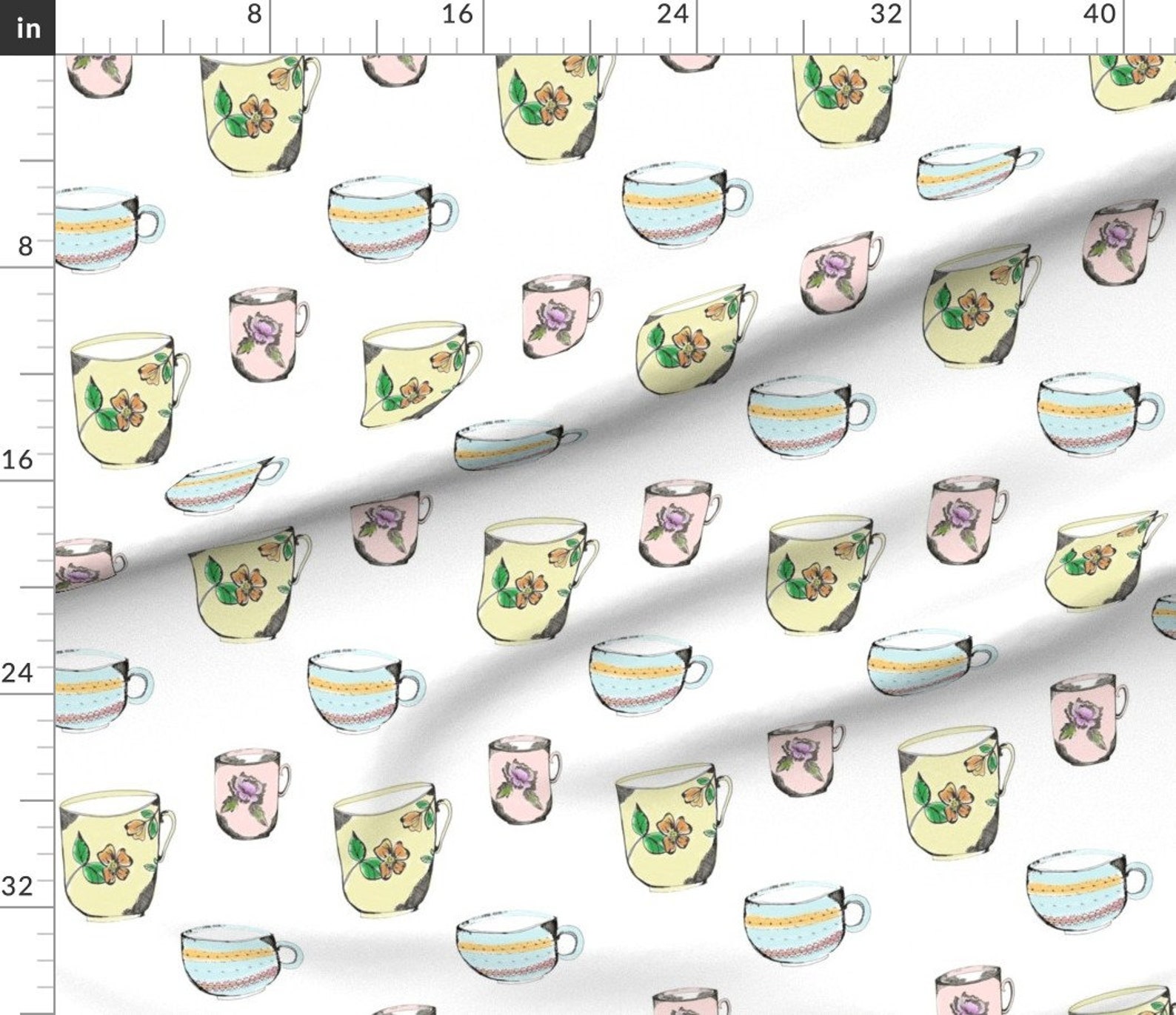 Colorful Tea Cups Fabric 3 Cups of Tea by Jennifer Rizzo Etsy