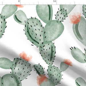 Flowering Cactus Fabric - Green Paddle Cactus Rose Oversized By Ivieclothco - Cacti Pastels Thorn Cotton Fabric By The Yard With Spoonflower