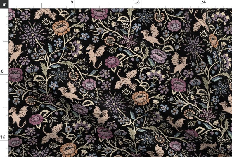 Fantasy Floral Fabric - Pollinator Dragons by misentangledvision - Fairy Tale Gothic Black Purple Fabric by the Yard by Spoonflower immagine 1