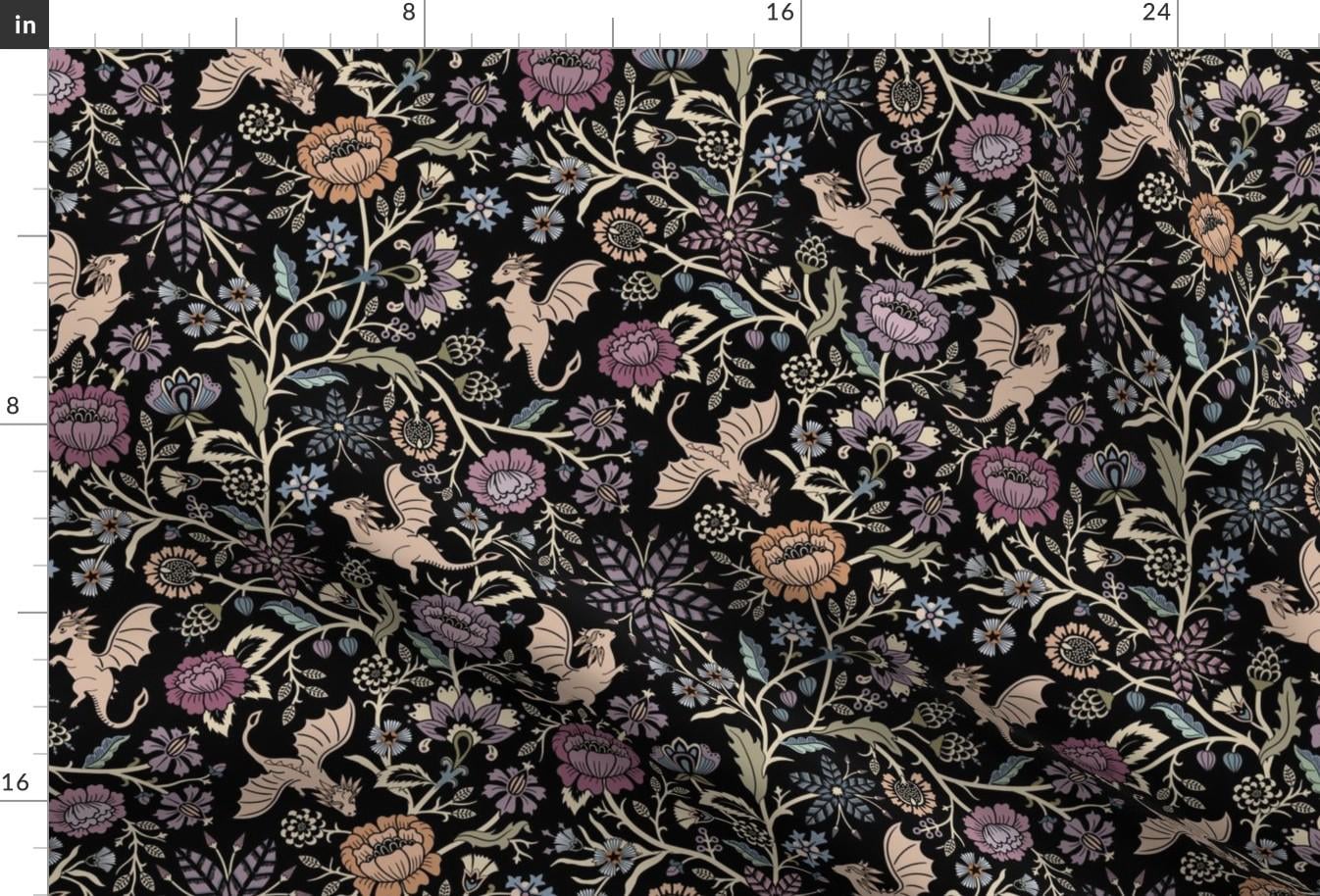 Fantasy Floral Fabric - Pollinator Dragons by misentangledvision - Fairy Tale Gothic Black Purple Fabric by the Yard by Spoonflower
