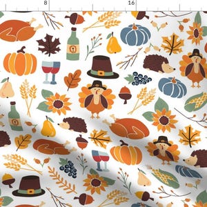 Thanksgiving Motifs Fabric - Thanksgiving by sandra_hutter_designs - Autumn Sunflower Food Turkey Pilgrims Fabric by the Yard by Spoonflower