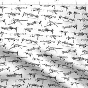 May include: A white background with a repeating pattern of black and white line drawings of various machine guns.