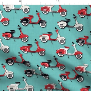 May include: A teal blue background with a repeating pattern of red, white, and black vintage scooters.