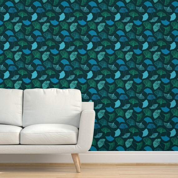 Magic Ginkgo By Silmen Teal Blue Green Ginkgo Leaf Custom Printed Removable Self Adhesive Wallpaper Roll by Spoonflower Ginkgo Wallpaper