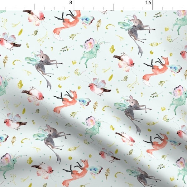 Fairy Wildlife Fabric - Mythica Small Seafoam By Nouveau Bohemian - Painterly Sweet Creatures Fun Cotton Fabric By The Yard With Spoonflower