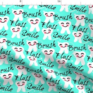 Tooth Fabric - Brush Floss Smile Dental Retro By Franbail- Retro Style Tooth Kawaii Dentist Decor Cotton Fabric By The Yard With Spoonflower image 1