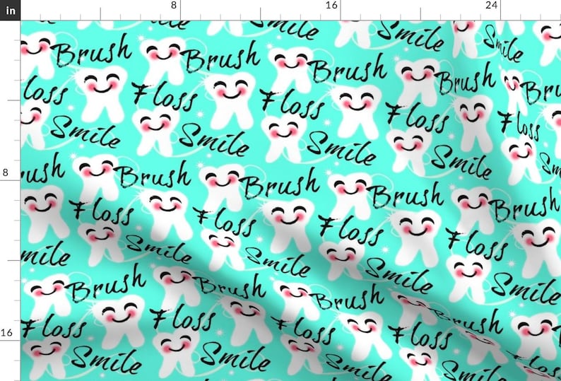 Tooth Fabric - Brush Floss Smile Dental Retro By Franbail- Retro Style Tooth Kawaii Dentist Decor Cotton Fabric By The Yard With Spoonflower image 1