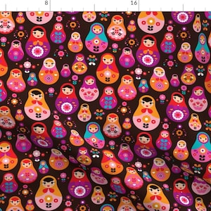 May include: A seamless pattern featuring colourful, stylised Russian nesting dolls on a dark brown background. The dolls are decorated with floral patterns and have smiling faces.