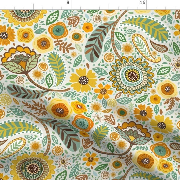 Paisley Floral Fabric - Early Fall Flowers by janetbroxon - Yellow Sage Green Paisleys Whimsical Flowers  Fabric by the Yard by Spoonflower