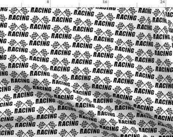 May include: A white background with a repeating pattern of black checkered flags and the word "RACING" in bold black letters.