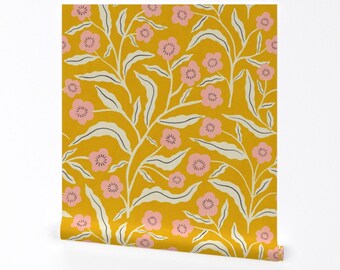 Golden Glow Flower Wallpaper - Yellow Floral by scarlet_soleil - Pink Cream Blue Removable Peel and Stick Wallpaper by Spoonflower