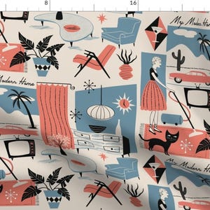 May include: A retro-style illustration featuring a repeating pattern of mid-century modern home decor, including furniture, plants, and a cat. The illustration is in a muted color palette of blue, pink, and black on a cream background. The text "My Modern Home" appears multiple times throughout the pattern.