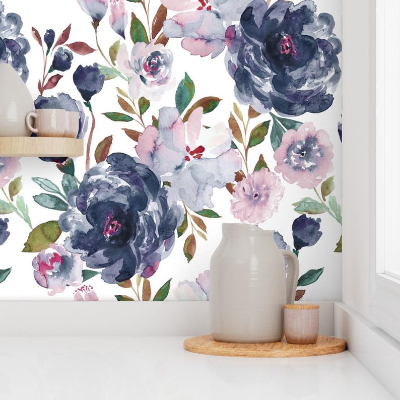 Romantic Floral Peel and Stick Wallpaper - Navy Botanical Feminine Meadow - Removable Wall Decor Art - Midnight Peonies by indybloomdesign image 7