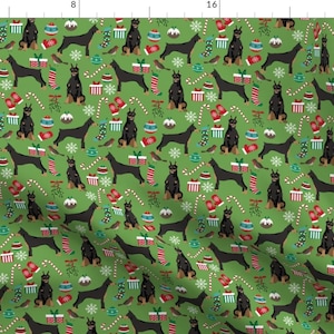 Doberman Fabric - Dog Doberman Pinscher Green Christmas Holiday By Petfriendly - Doberman Winter Cotton Fabric by the Yard with Spoonflower