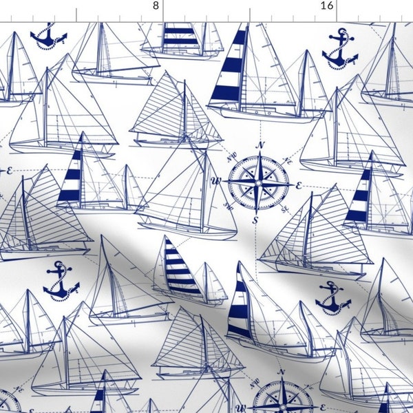 Sailboats Blue Print Fabric - Sailboats - Navy On White By Mirabelleprint - Nautical Baby Boy Cotton Fabric By The Yard With Spoonflower