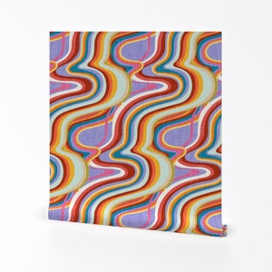 Hippie Swirls Wallpaper - 70s Groove by appleyards - Psychedelic Stripes Waves Ribbons 70s Removable Peel and Stick Wallpaper by Spoonflower