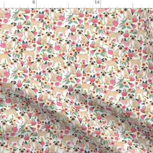Floral Pug Fabric - Pug Flowers Florals Spring Cute Flowers Pink Spring By Petfriendly - Pug Cotton Fabric By The Yard With Spoonflower