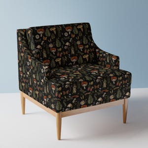 Woodland Upholstery Fabric- Mushrooms On Black by depiano - Fern Moth Dragonfly Mushroom Wildflowers  Fabric By The Yard With Spoonflower