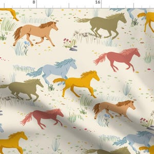 Western Fabric - Wild Horses By Dasbrooklyn - Colorful Kid&#39;s Horses Animals Cattle Cowboy Ranch Cotton Fabric By The Yard With Spoonflower