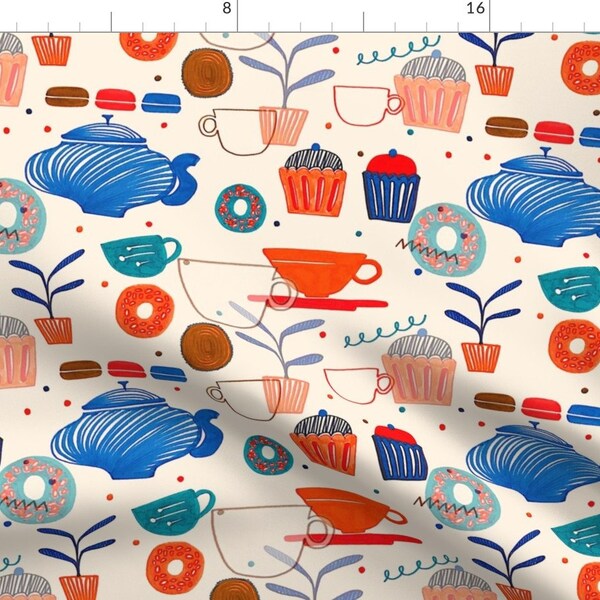 Cafe Fabric - Cafe Culture By Claireybean - Cafe Blue Red Beige Bistro Cooking Kitchen Coffee Tea Cotton Fabric By The Yard With Spoonflower