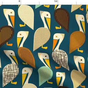 Nautical Fabric - Brown Pelican - Making A Comeback By Katerhees - Navy Blue Bird Ocean Beach Cotton Fabric By The Yard With Spoonflower
