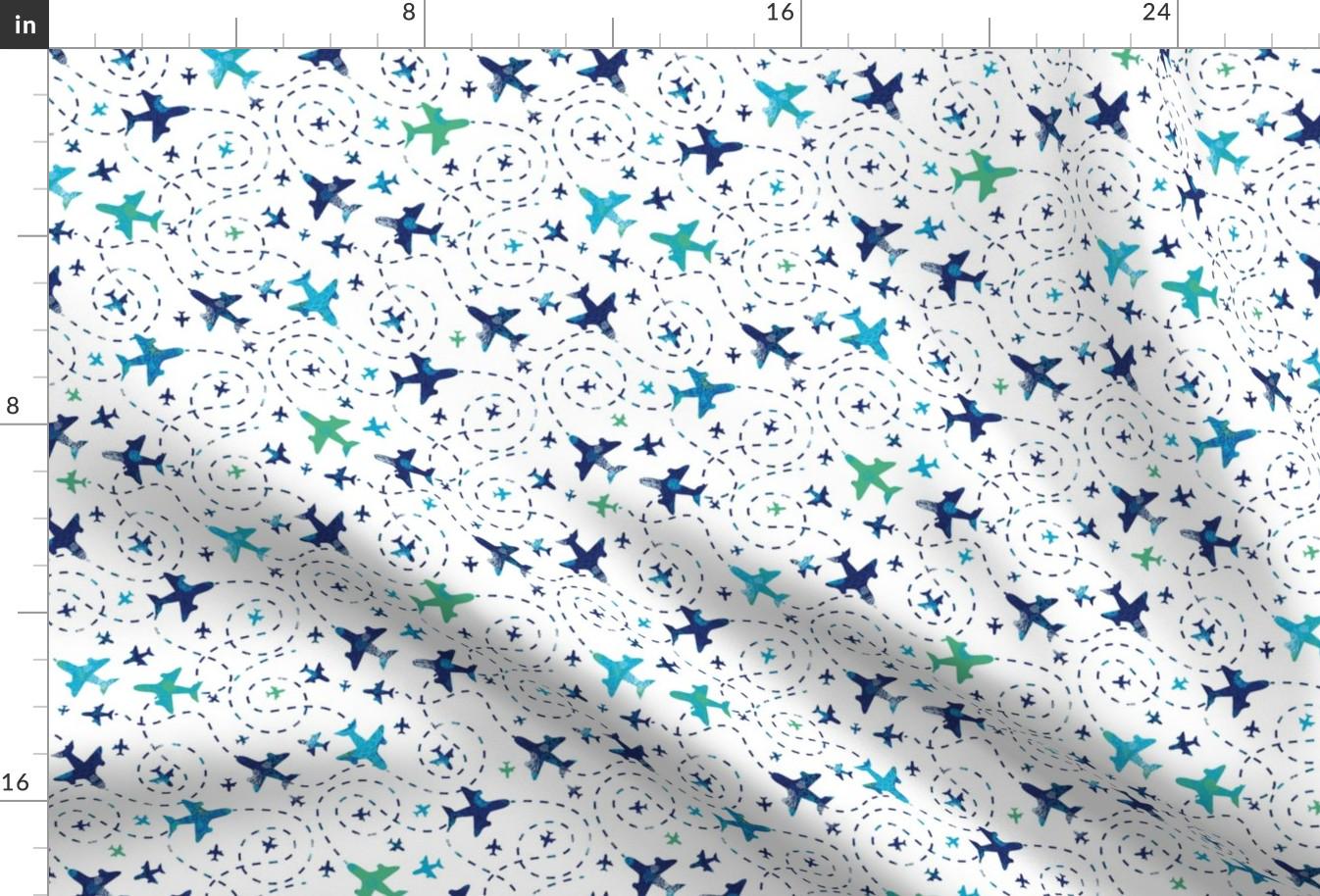 Blue Abstract Airplane Fabric - Fun Airplanes On White Sky By Oksancia - Airplane Nursery Decor Cotton Fabric By The Yard With Spoonflower