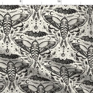 Gothic Moths Black And White Fabric - Watercolor Skull Moth Damask By Rebelform - Watercolor Cotton Fabric By The Yard With Spoonflower