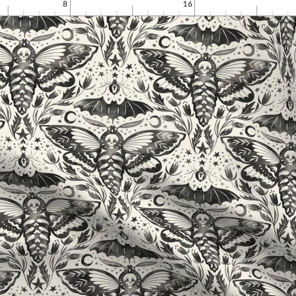 Gothic Moths Black And White Fabric - Watercolor Skull Moth Damask By Rebelform - Watercolor Cotton Fabric By The Yard With Spoonflower