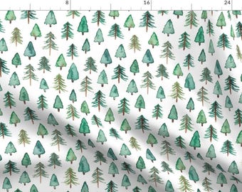 May include: A seamless pattern featuring watercolor illustrations of green pine trees on a white background. The trees are various sizes and shapes, creating a whimsical forest scene.
