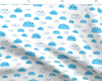 Kawaii Clouds Fabric - Cloudy Day By Babybubbleco - Blue Cloud Modern Nursery Decor Cotton Fabric By The Yard With Spoonflower