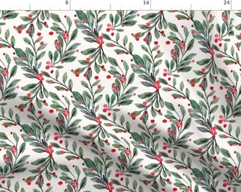 Mistletoe Floral Print Fabric - Mistletoe And Red Berries By Crystal Walen - Mistletoe Botanic Cotton Fabric By The Yard With Spoonflower