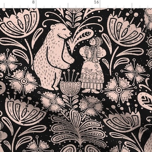 Woodland Folk Art Fabric - Folk Block Print by evehowedesigns - Scandi Botanical Forest Floral Bold Bears Fabric by the Yard by Spoonflower