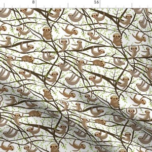 Baby Sloth Fabric - Funny Kawai Sloth Set On A Branch, Green Leaves, Brown, White Background By Ekaterinap - Sloth Fabric With Spoonflower
