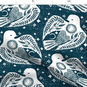 Scandi Birds Fabric - Mountain Birds By Ceciliamok - Birds Flying Wings Moons Stars Navy Blue Cotton Fabric By The Yard With Spoonflower