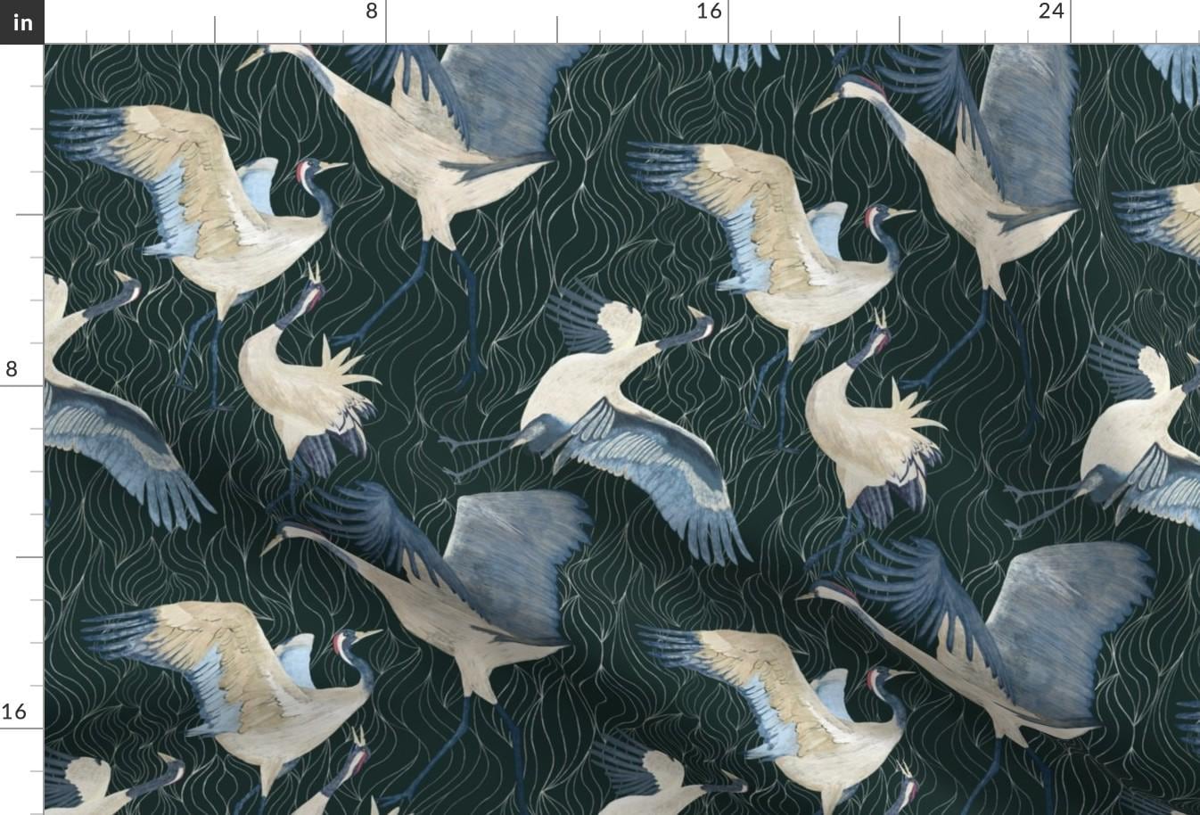 Heron Fabric - Heron Dance By Nina Leth - Green Blue Bird Beach Tropical Coastal Nautical White Cotton Fabric By The Yard With Spoonflower
