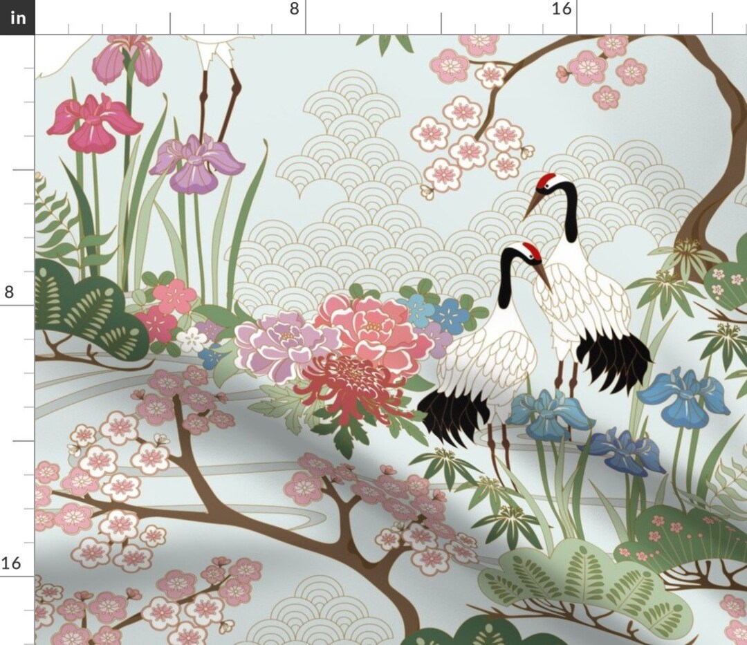 Crane Chinoiserie Fabric Japanese Garden by Juditgueth Blue Green Pink ...