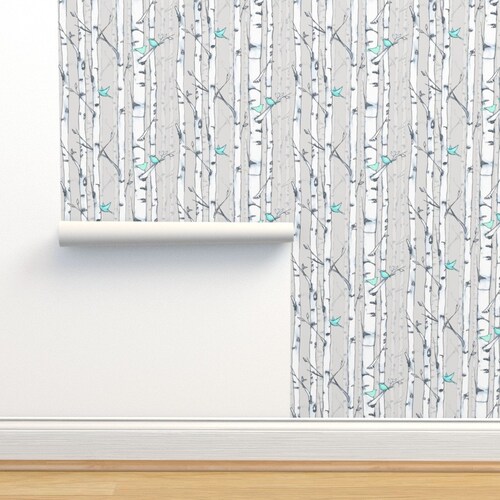 Birch Trees Wallpaper Birch and Birds by Lanagibson Birch Etsy