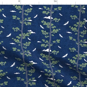Japanese Trees Fabric - Night Sky With Pines Cranes (Small Scale) By Forestsea - Navy Forest Sky Cotton Fabric By The Yard With Spoonflower