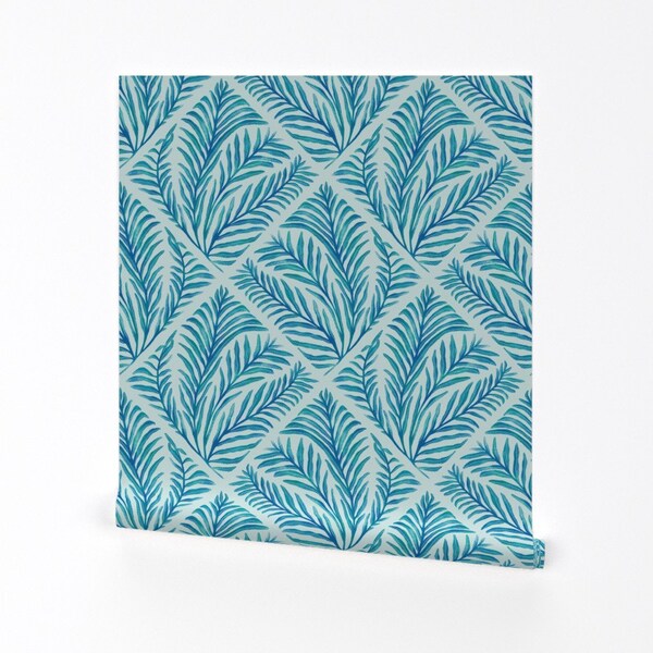 Blue Palms Wallpaper - Lattice Palms  by irene_guardia_bel - Lattice Floral Botanical  Removable Peel and Stick Wallpaper by Spoonflower