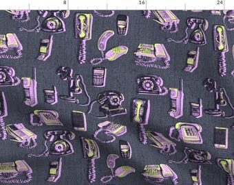 Phone Fabric - Phones Phones Phones Pinks By Abbieuproot - Telephones Phone Purple Gray Vintage Cotton Fabric By The Yard With Spoonflower