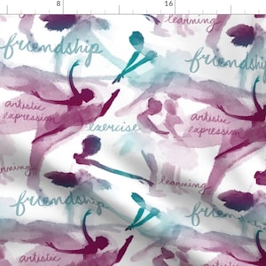 May include: A watercolour pattern featuring silhouettes of dancers in shades of purple and blue. The words "friendship", "learning", "artistic expression", and "exercise" are written in a flowing script throughout the design.