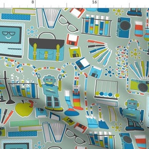 Geek Fabric - Retro Geek Chic Blue By Cjldesigns - Robot Computer Floppy Disk Retro Nerd Geeky Cotton Fabric By The Yard With Spoonflower