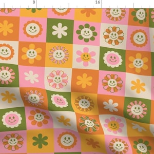 Retro Daisy Fabric - Cheery Floral Checks by latheandquill - Mustard Gold Blush Pink Avocado Green Fabric by the Yard by Spoonflower