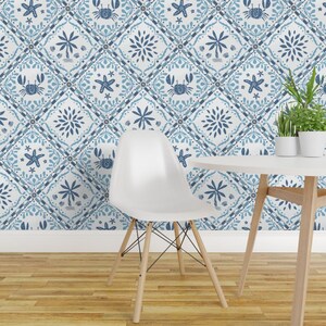 Behang met tegelmotief - Patchwork kuststijl, strandhuisstijl, preppy look - Verwijderbare wanddecoratie - Blauwe kusttegels van rocketandindigo