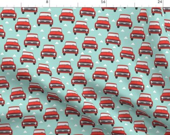 Red Vintage Truck Fabric - Vintage Red Trucks On Teal By Lilcubby - Red Trucks Old Vintage Cars Cotton Fabric By The Yard With Spoonflower